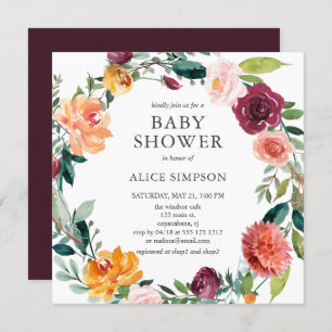 Baby Shower Burgundy Blush Pink Floral Wreath Invitation