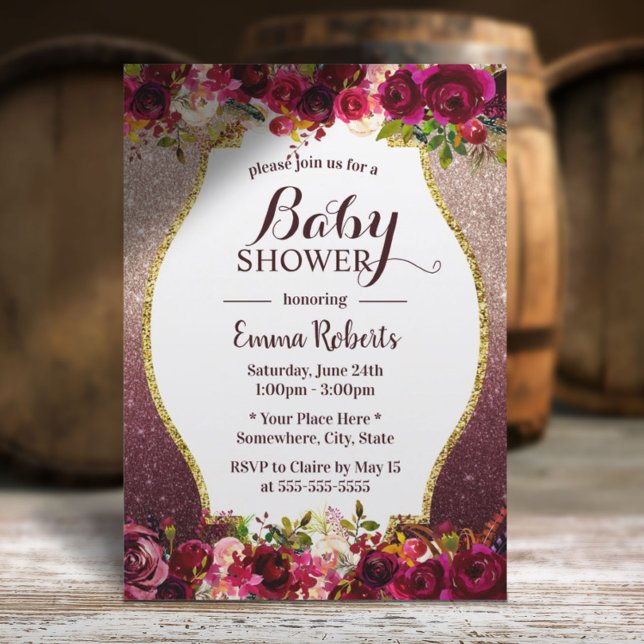 Baby Shower Burgundy Floral Modern Rose Gold Invitation (Creator Uploaded)