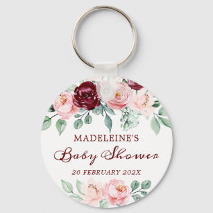 Baby Shower Burgundy Pink Floral Keepsake Key Ring
