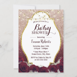 Baby Shower Burgundy Rose Floral Rose Gold Ombre Invitation