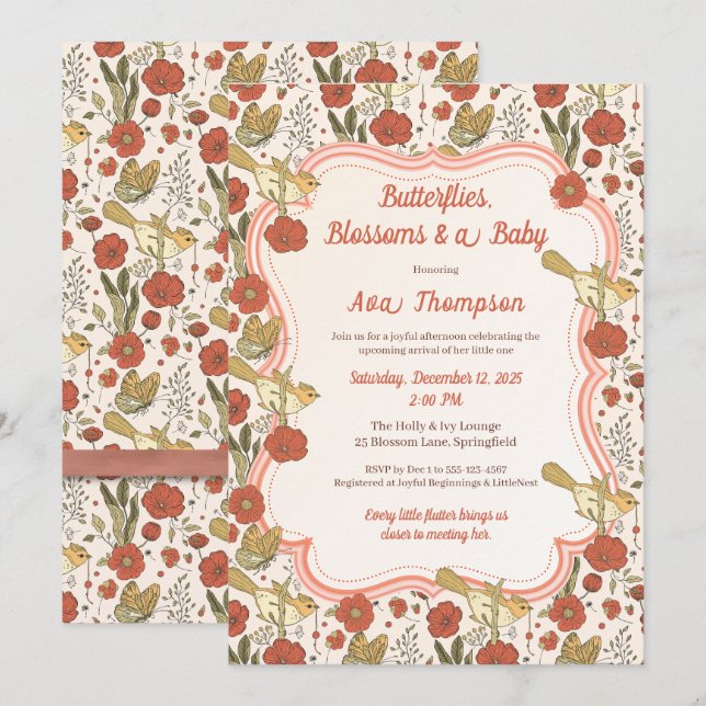 Baby Shower | Butterflies & Blossoms Poetic Floral Invitation (Front/Back)