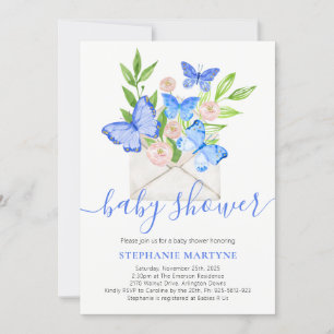 Baby Shower Butterfly Blue Floral Envelope Invitation