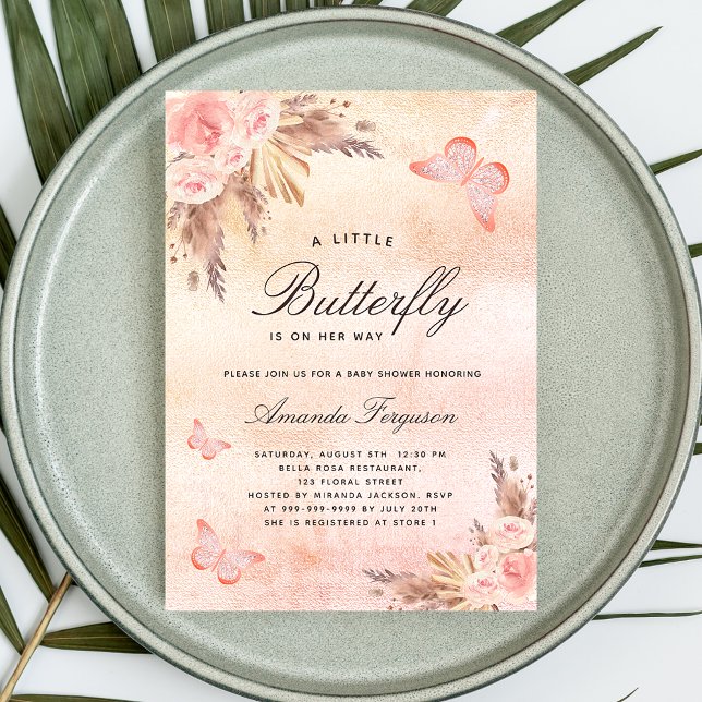 Baby shower butterfly blush pampas grass girl invitation postcard (Creator Uploaded)