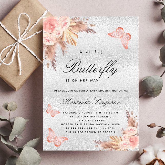 Baby shower butterfly blush pampas silver invitation (Creator Uploaded)