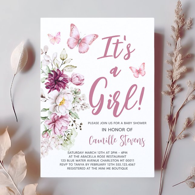 Baby Shower Butterfly Floral Pink Girl Invitation (Creator Uploaded)