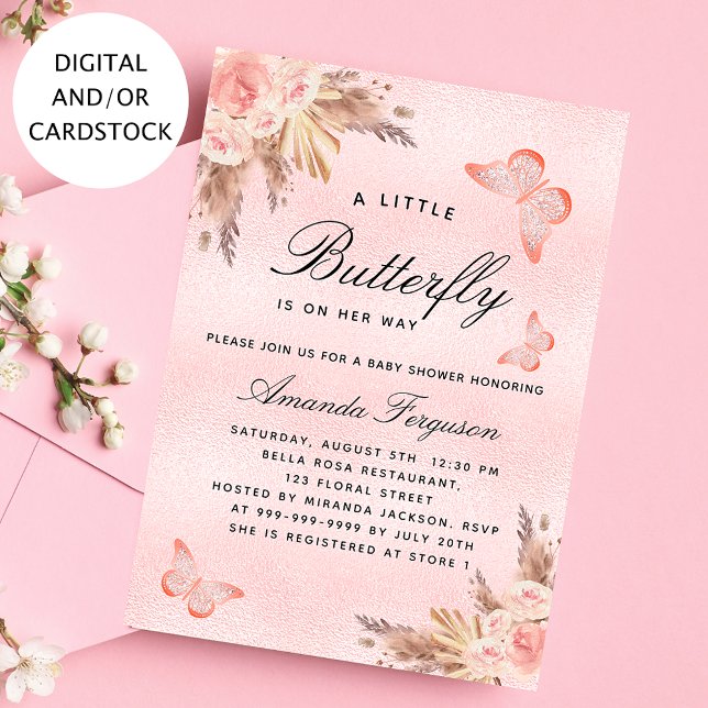 Baby Shower butterfly girl pink pampas grass Invitation (Creator Uploaded)