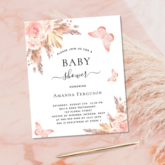 Baby shower butterfly pampas budget invitation flyer (Creator Uploaded)