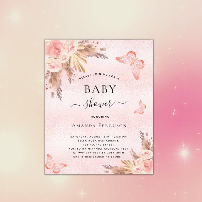 Baby shower butterfly pampas budget invitation flyer (Creator Uploaded)