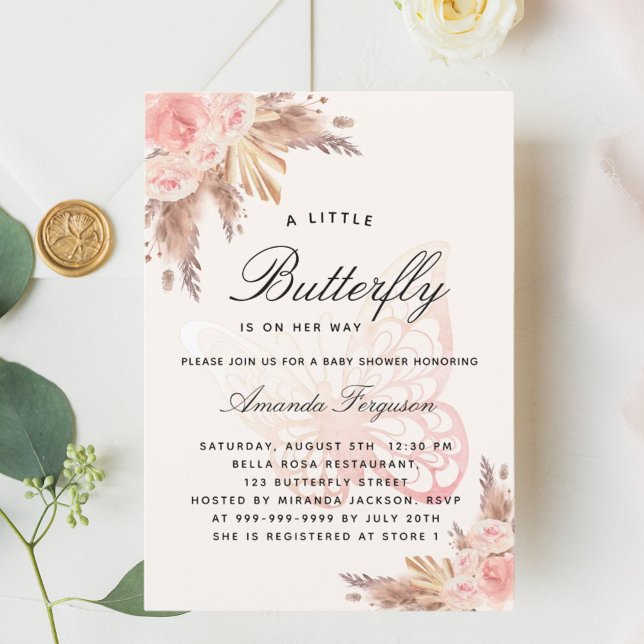 Baby shower butterfly pink beige pampas grass invitation (Creator Uploaded)