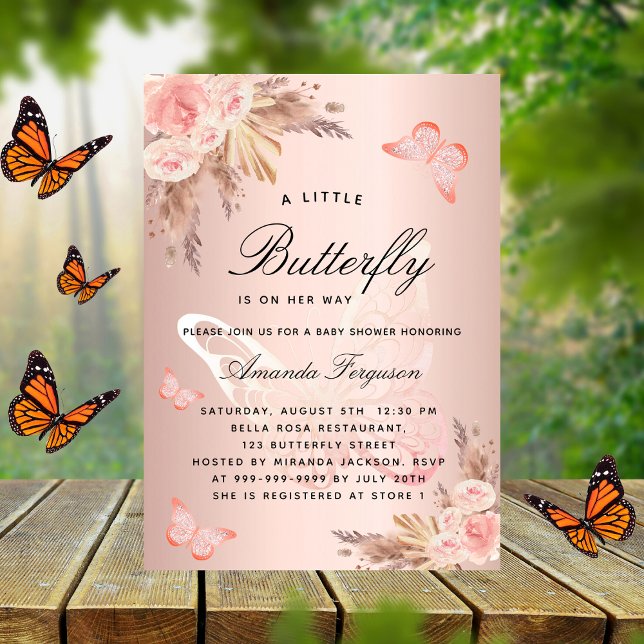 Baby shower butterfly pink girl pampas boho luxury invitation (Creator Uploaded)