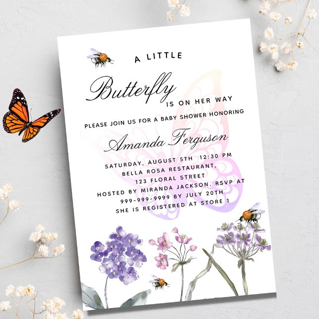 Baby Shower butterfly wildflowers violet pink girl Invitation Postcard (Creator Uploaded)