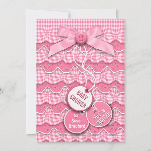 Baby Shower Buttons and Bows Layers Pink Ruffles Invitation (Front)