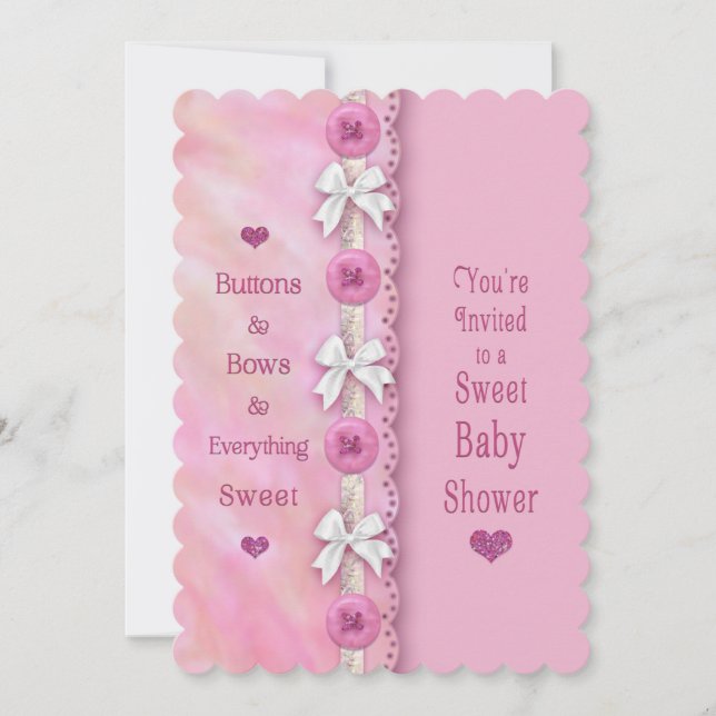 Baby Shower Buttons and Bows Pink Baby Girl Invitation (Front)