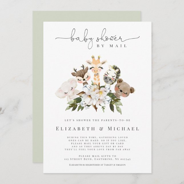 Baby Shower By Mail Animals Faux Gold Floral Invitation (Front/Back)