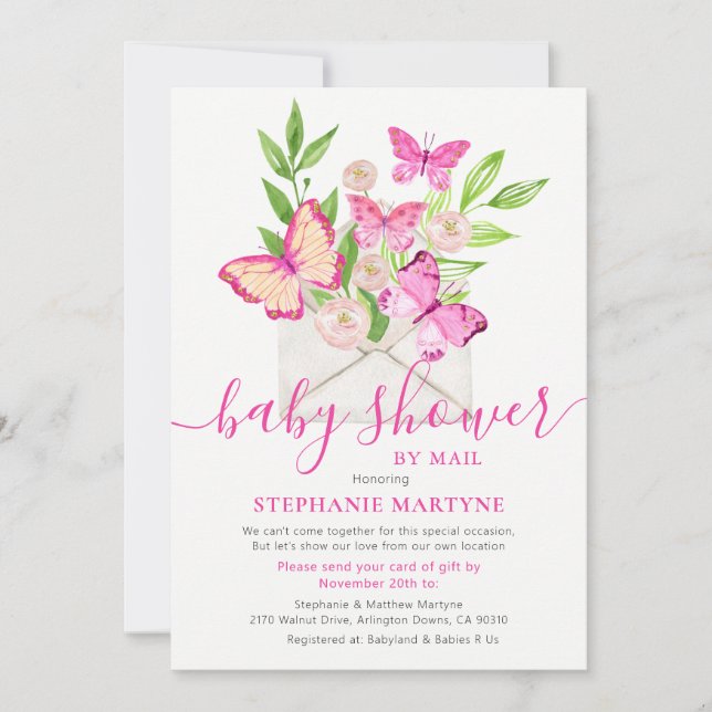 Baby Shower By Mail Butterfly Pink Floral Envelope Invitation (Front)