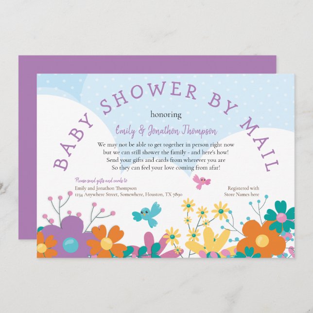 Baby Shower By Mail Colourful Florals Birds Invitation (Front/Back)