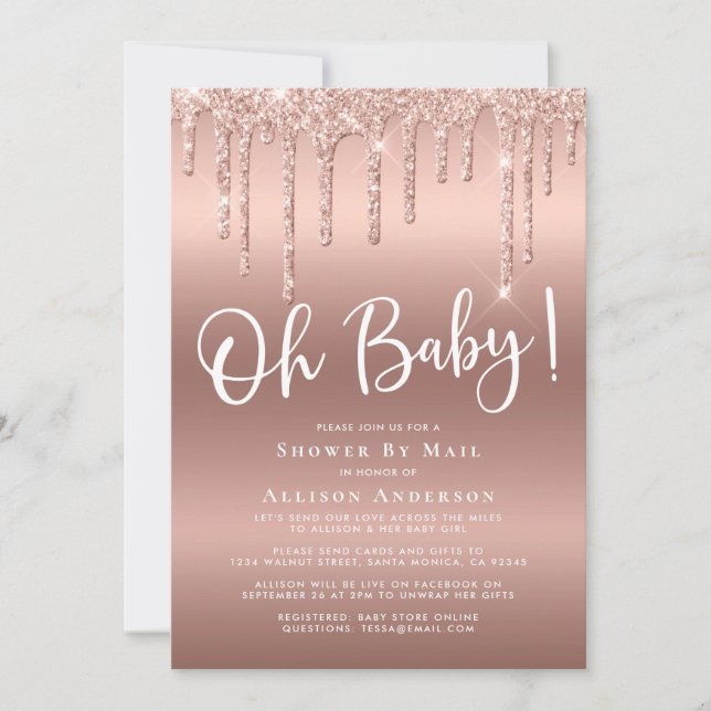 Baby Shower By Mail Glitter Drip Rose Gold Invitation (Front)