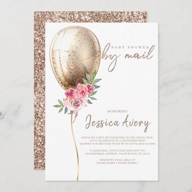 Baby Shower by Mail Luxury Beige Balloon Glitter Invitation (Front/Back)