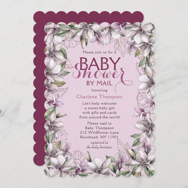 Baby Shower By Mail Magnolia Watercolor Floral Invitation (Front/Back)
