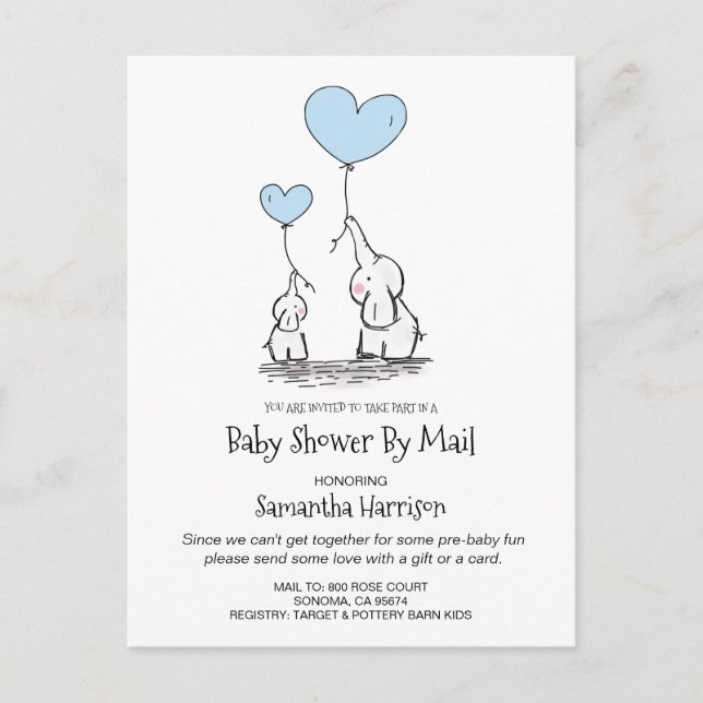 Baby Shower By Mail Mum And Baby Elephant Boy Blue Invitation Postcard (Front)