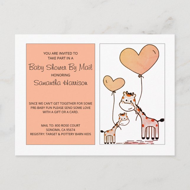 Baby Shower By Mail Mum And Baby Giraffes Invitation Postcard (Front)
