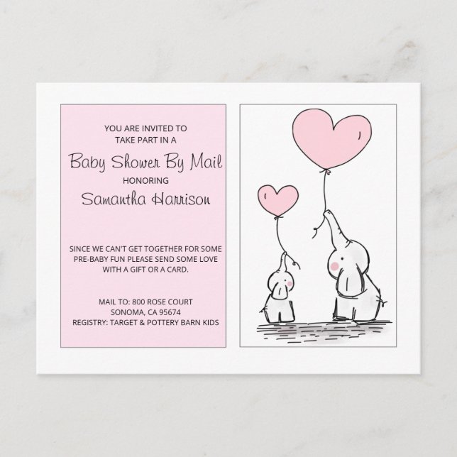 Baby Shower By Mail Mum Baby Elephants Pink Invitation Postcard (Front)