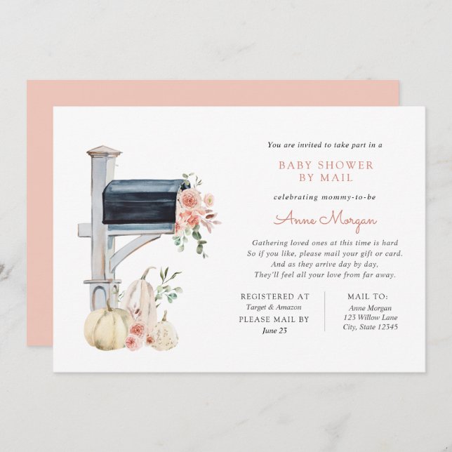 Baby Shower by Mail Pink Floral Pumpkin in Mailbox Invitation (Front/Back)
