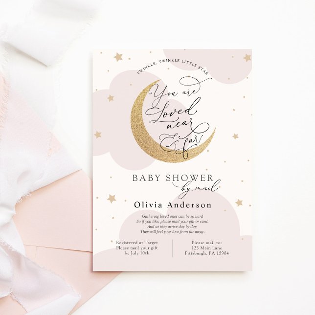 Baby Shower by Mail Pink Twinkle Star and Moon Invitation (Creator Uploaded)
