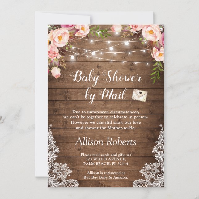 Baby Shower By Mail Rustic String Lights Floral Invitation (Front)