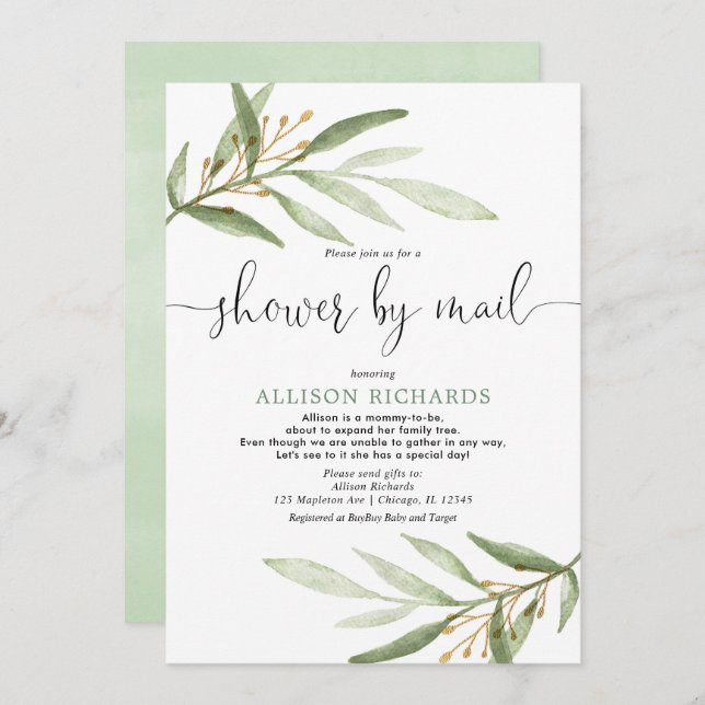 Baby shower by mail simple greenery gender neutral invitation (Front/Back)