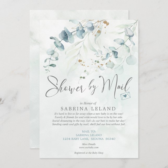 Baby Shower by Mail Watercolor Eucalyptus Greenery Invitation (Front/Back)