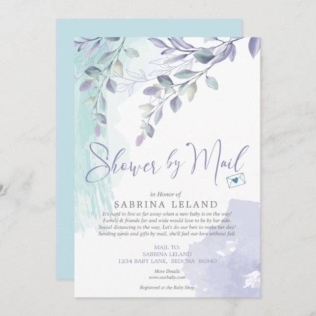 Baby Shower by Mail Watercolor Lilac and Teal Invitation (Front/Back)