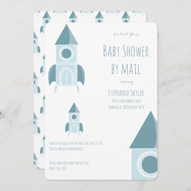 Baby Shower By Mail White Blue Rocket Ship Invitation (Front/Back)
