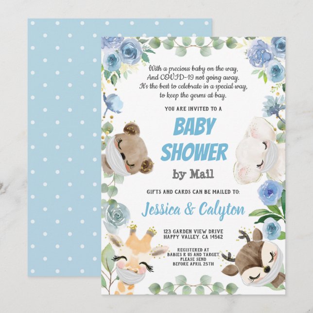 Baby Shower By Mail Woodland Animal Blue Rose Invitation (Front/Back)
