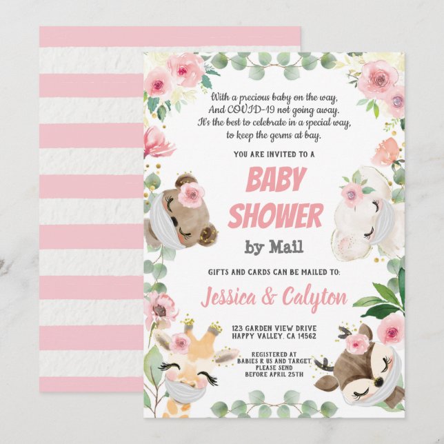 Baby Shower By Mail Woodland Animal Pink Rose Invitation (Front/Back)