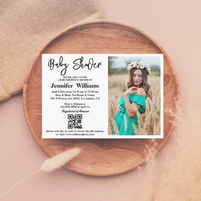 baby shower  calligraphy photo qr code chic invitation (Creator Uploaded)