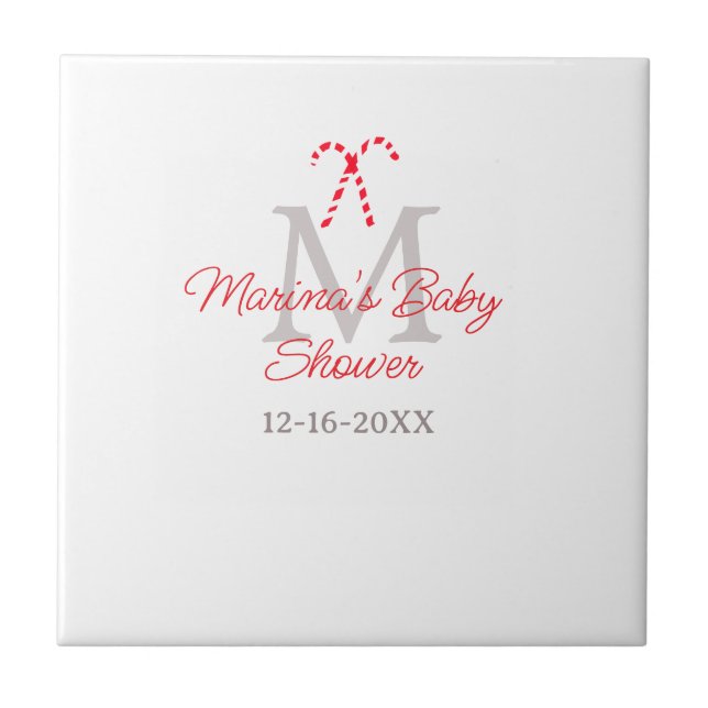 Baby shower candy cane Christmas holiday monogram  Ceramic Tile (Front)