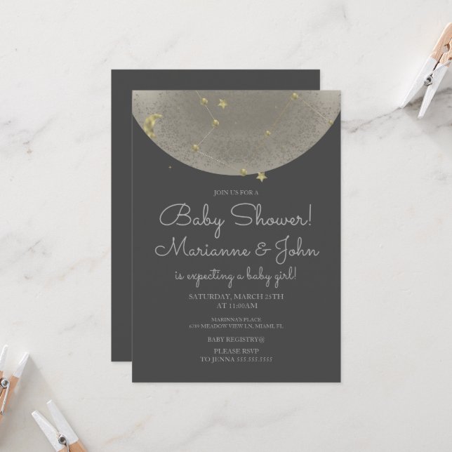 Baby Shower Celestial Moon Stars Faux Gold Invitation (Front/Back In Situ)