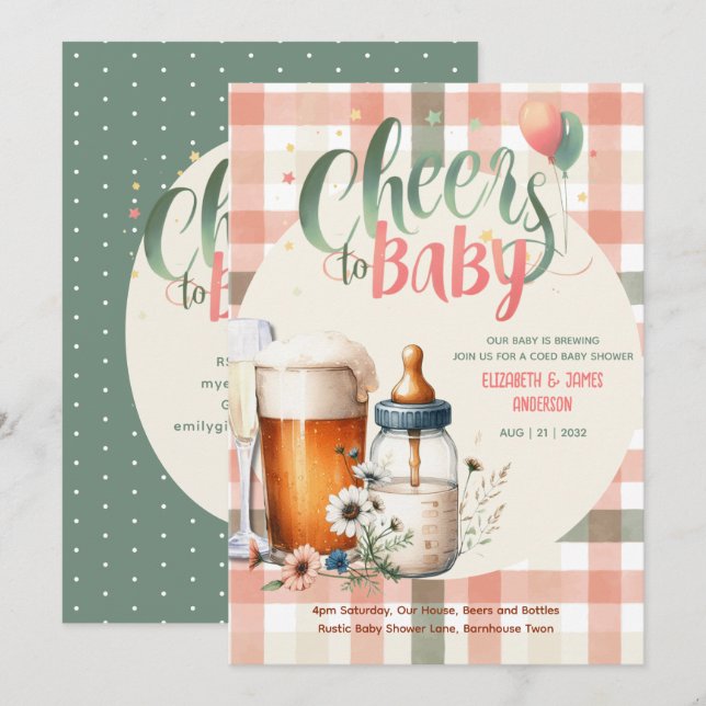 Baby Shower Cheers Bottles Beers Peach Sage COED  Invitation (Front/Back)