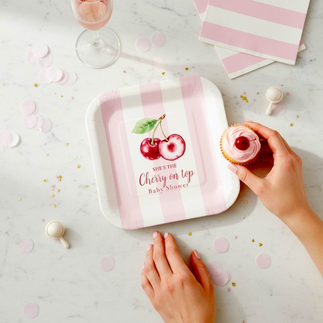 Baby Shower Cherry Theme Pink Watercolor Paper Plate (Creator Uploaded)