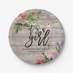 Baby Shower Chic Flowers Rustic Wood String Lights Paper Plate