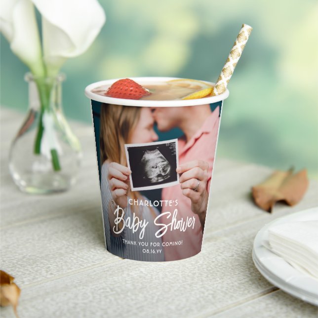 Baby Shower Chic Modern Script Typography 2 Photo Paper Cups (Insitu)