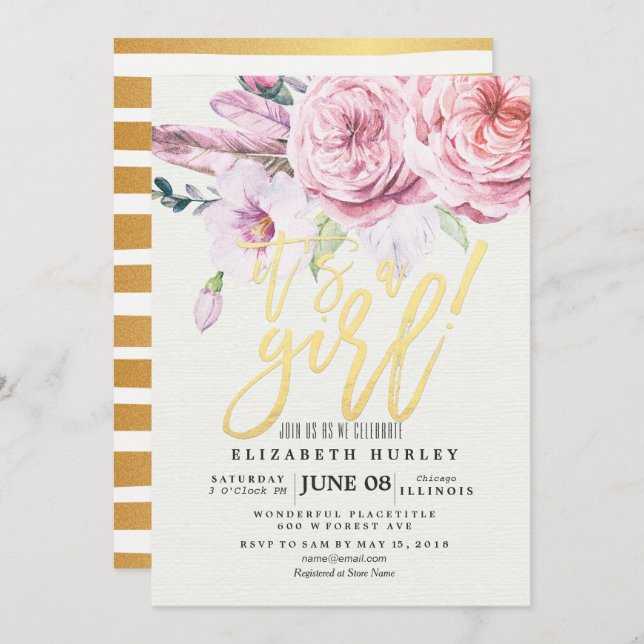 Baby Shower Chic Watercolor Boho Floral Feather Invitation (Front/Back)