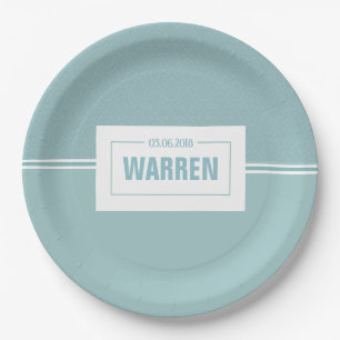 Baby shower, christening baby boy blue birth date paper plate