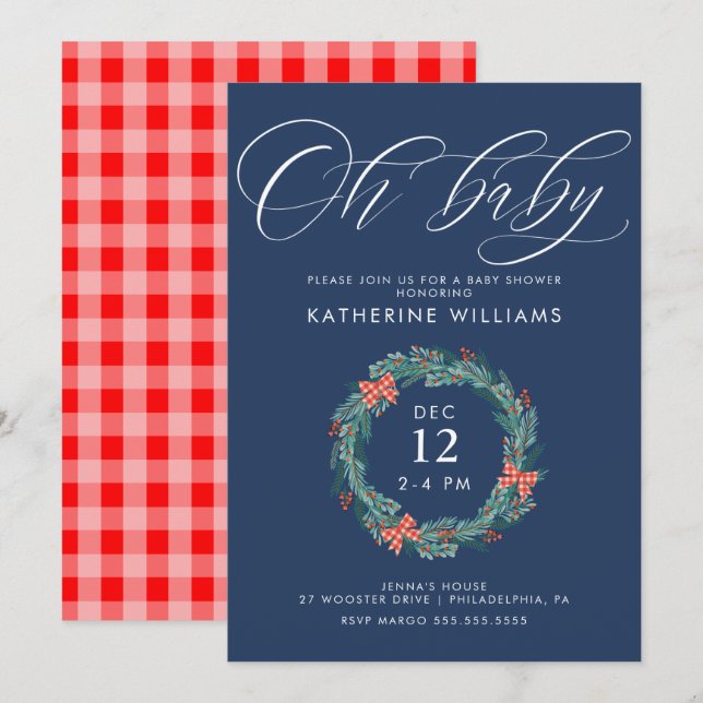 BABY SHOWER | Christmas Holiday Gingham Wreath Invitation (Front/Back)