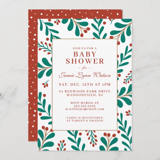 BABY SHOWER | Christmas Mistletoe & Holly Invitation (Front/Back)