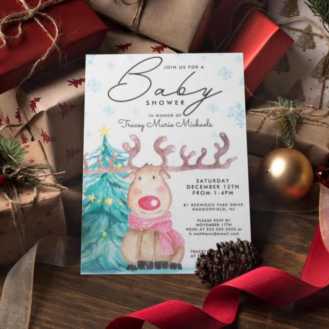BABY SHOWER | Christmas Watercolor Reindeer Invitation (Creator Uploaded)