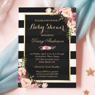 Baby Shower Classy Floral Gold Black White Stripes Invitation