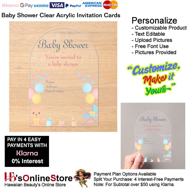 Baby Shower Clear Acrylic Invitation Card 14 (Baby Shower Birth Party Supplies Celebrate Clear Acrylic Invitations 14.)