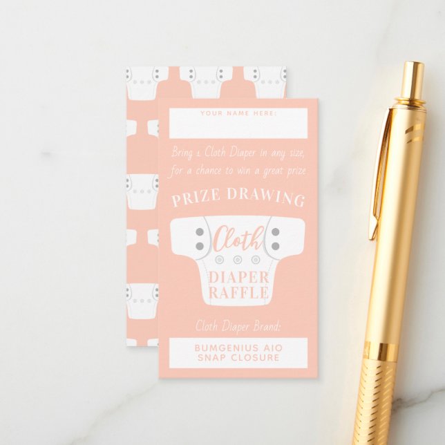 Baby Shower Cloth Diaper Raffle Tickets Peach Pink Enclosure Card (Front/Back In Situ)